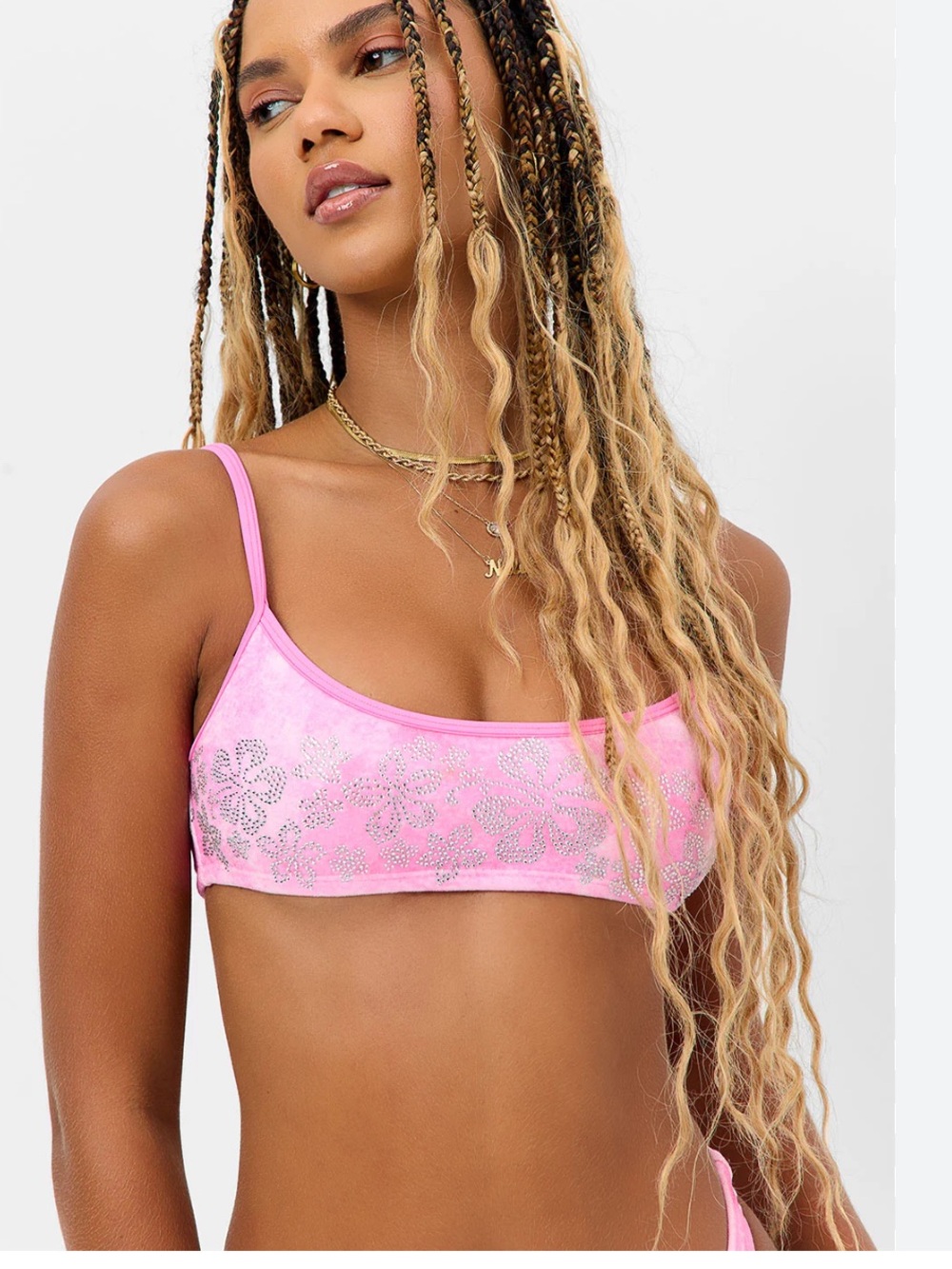 Frankie's Bikinis Pink Tie-Dye Crystal Floral Bikini Set y2k - Picture 7 of 8